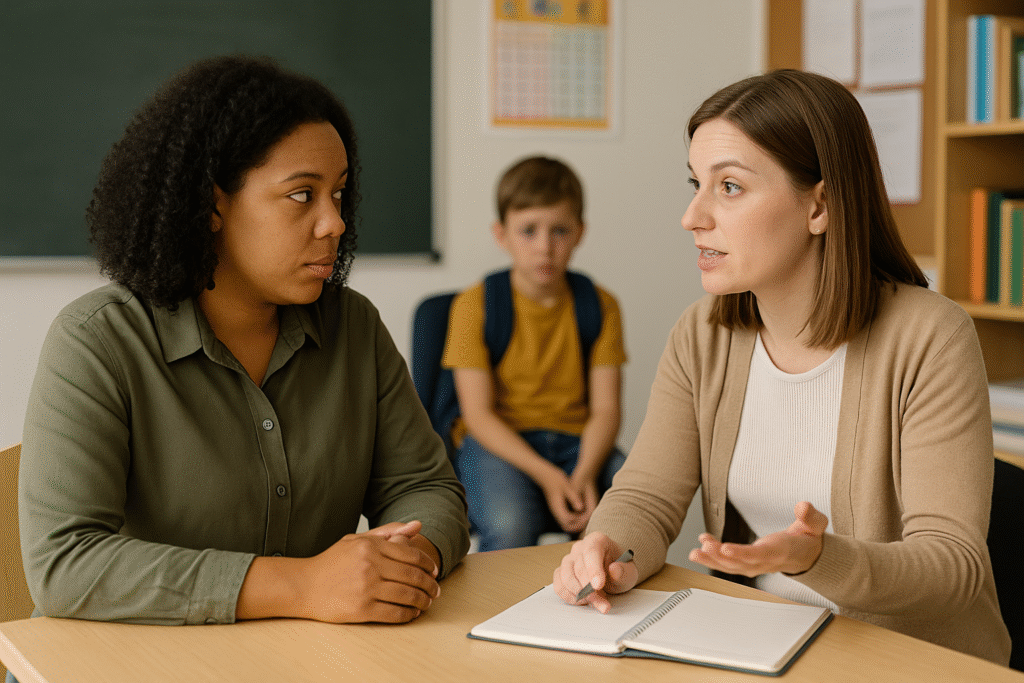 Parent and teacher in a meeting discussing ADHD support strategies for a student.