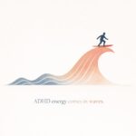 Minimalist illustration of a person surfing a large wave formed from smaller waves, representing ADHD energy fluctuations and learning to work with ADHD energy rather than control it.