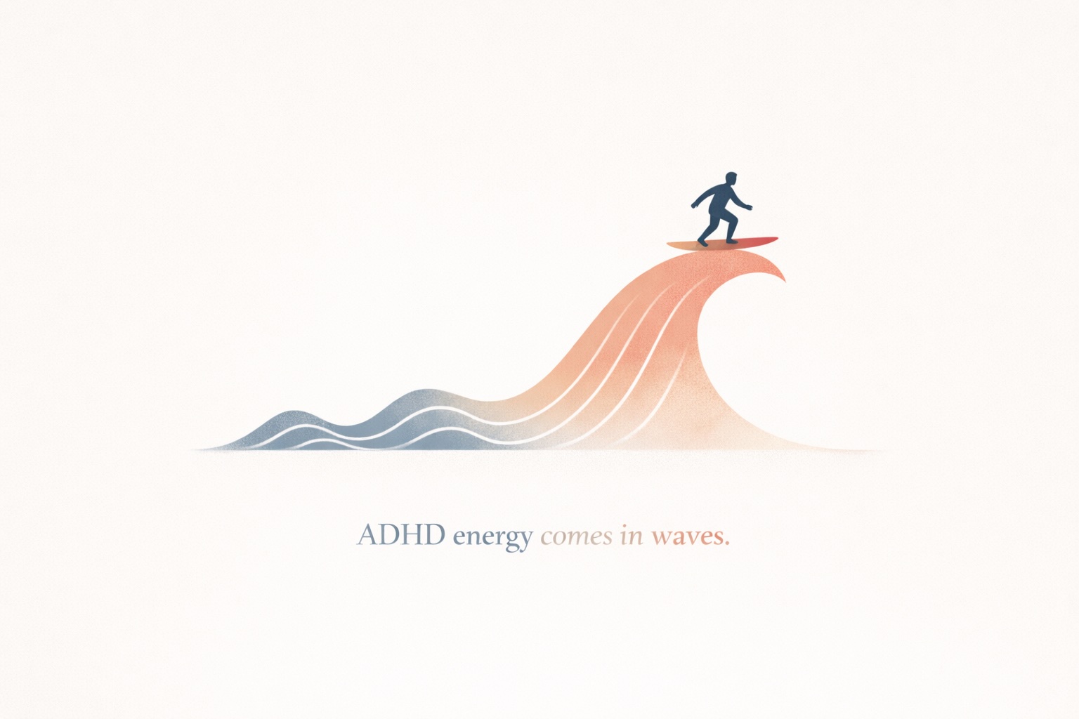 Minimalist illustration of a person surfing a large wave formed from smaller waves, representing ADHD energy fluctuations and learning to work with ADHD energy rather than control it.