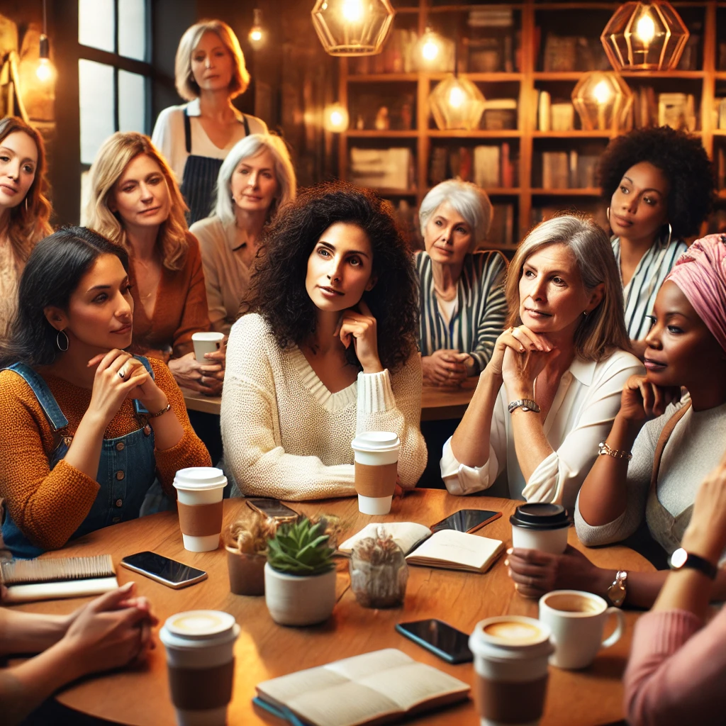 A cozy coffee shop with a diverse group of women of varying ages and etnick background Group of diverse women in a coffee shop sharing experiences of late ADHD diagnosis in women
