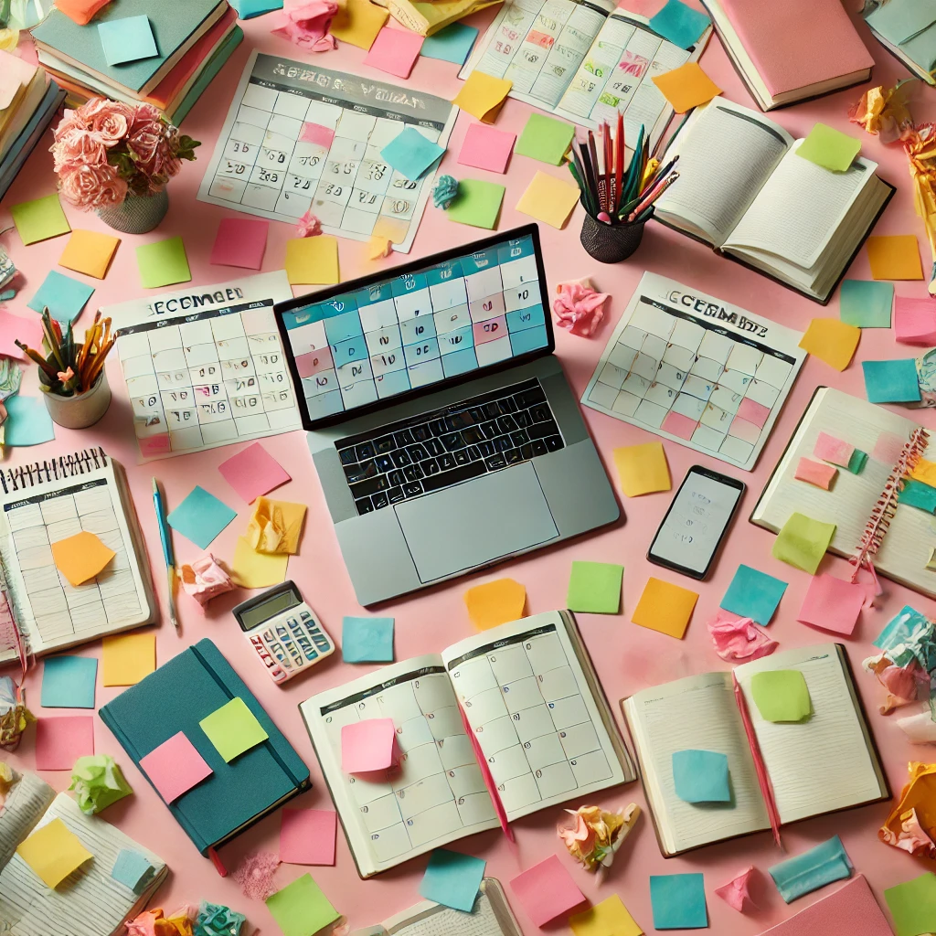 A messy desk with colorful sticky notes scattered across the surface A-messy-desk-with-colorful-sticky-notes-scattered-across-the-surface representing ADHD and new year
