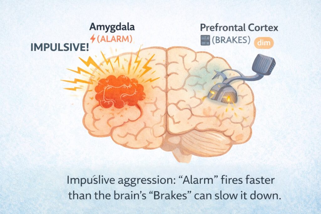 A simplified, friendly brain illustration showing the “amygdala alarm” lighting up and the “prefrontal cortex brakes” dim or delayed — a metaphorical diagram that explains why impulsive aggression in ADHD kids happens