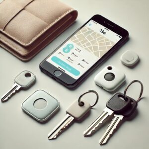 A-set-of-Bluetooth-trackers-including-a-Tile-and-an-Apple-AirTag-placed-next-to-a-set-of-keys-and-a-wallet