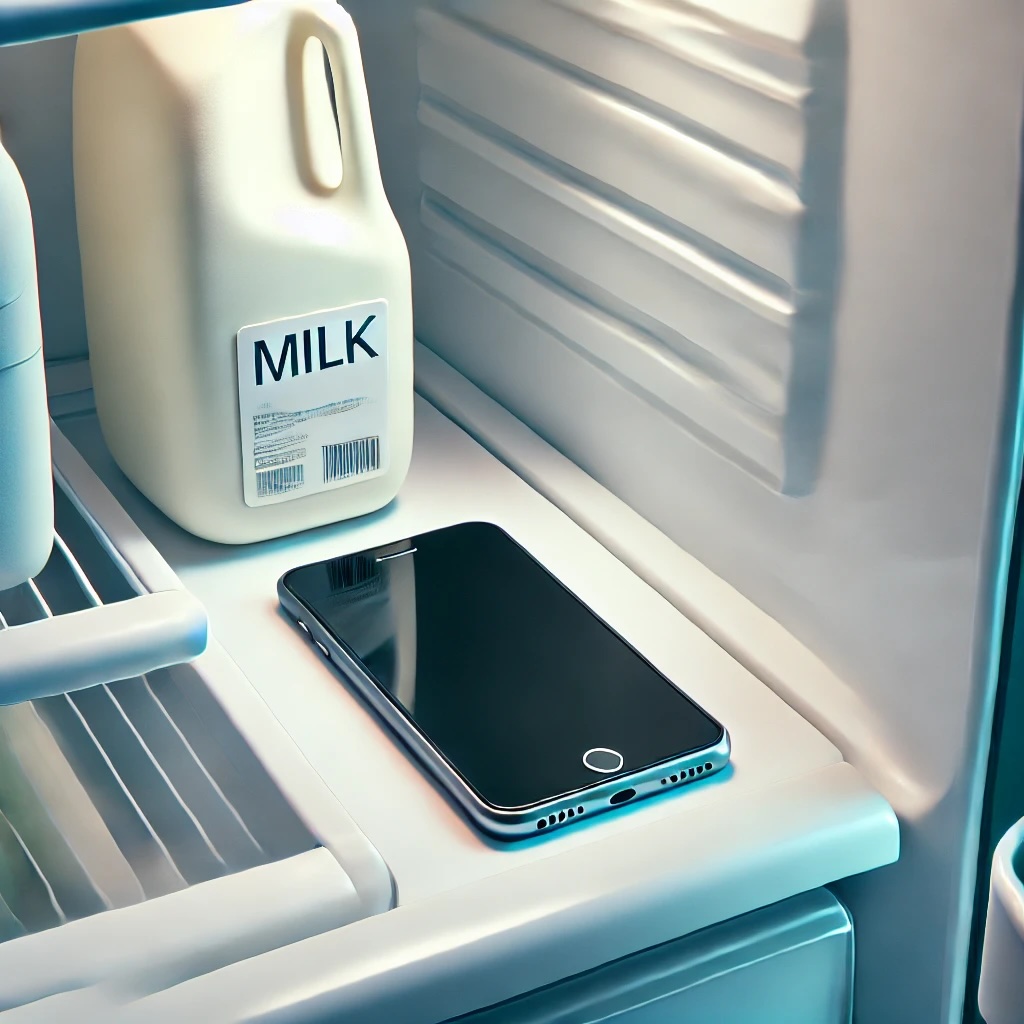 A smartphone sitting inside a refrigerator next to a carton of milk, symbolizing the forgetfulness and misplaced objects common for people with ADHD.