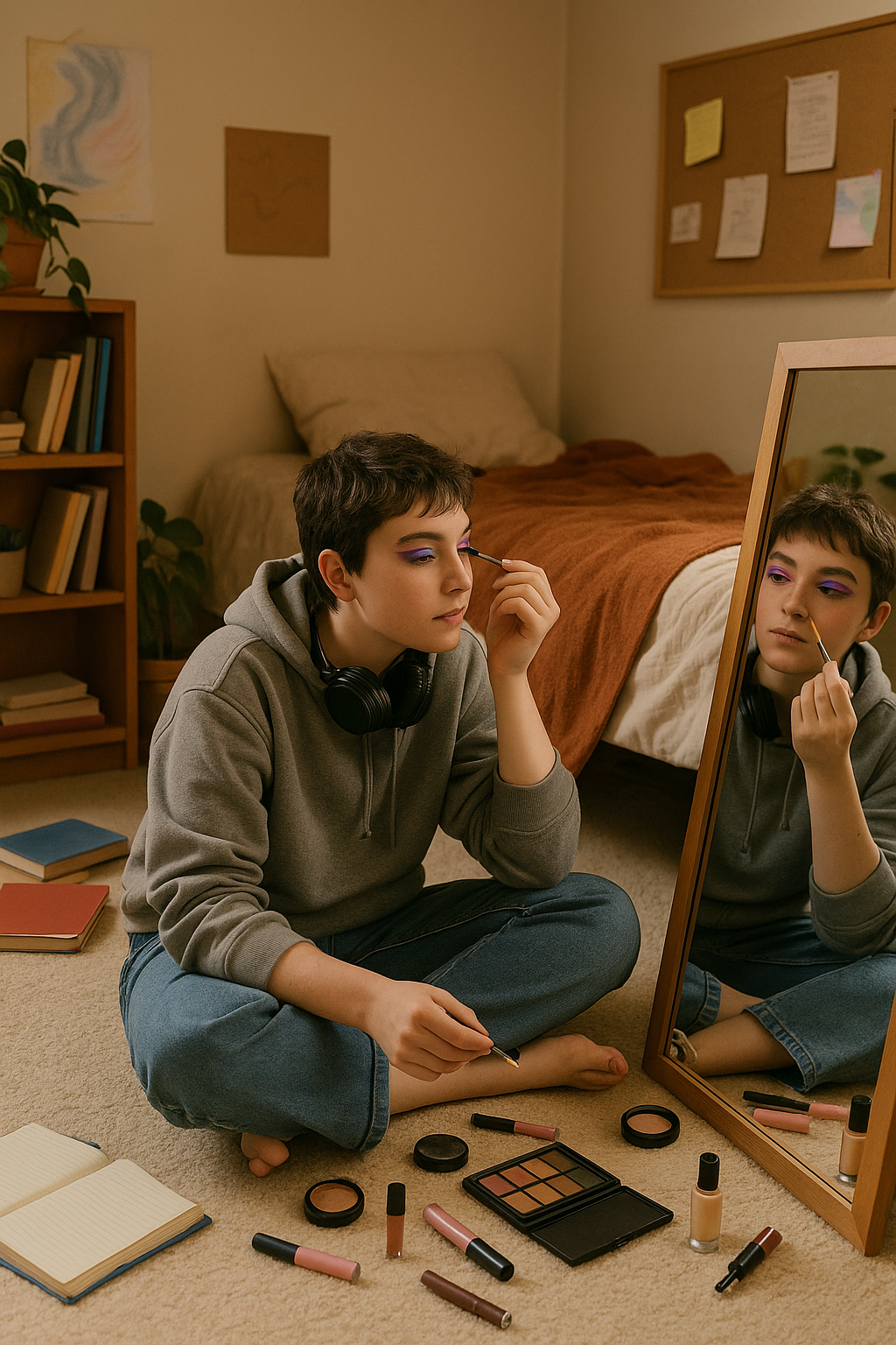 A teenage girl sits cross-legged on her bedroom floor in front of a large mirror, surrounded by scattered makeup products. A teenage girl with short hair sits cross-legged on a bedroom floor, applying purple eyeliner while looking into a mirror. They wear a grey hoodie and headphones around their neck, surrounded by scattered makeup products, books, and an open notebook in a softly lit, cozy room.
