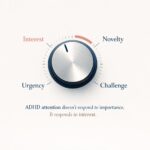 Minimalist illustration of a control dial labelled Interest, Novelty, Challenge, and Urgency, with the dial turned toward Interest, representing how ADHD attention is driven by interest rather than importance.