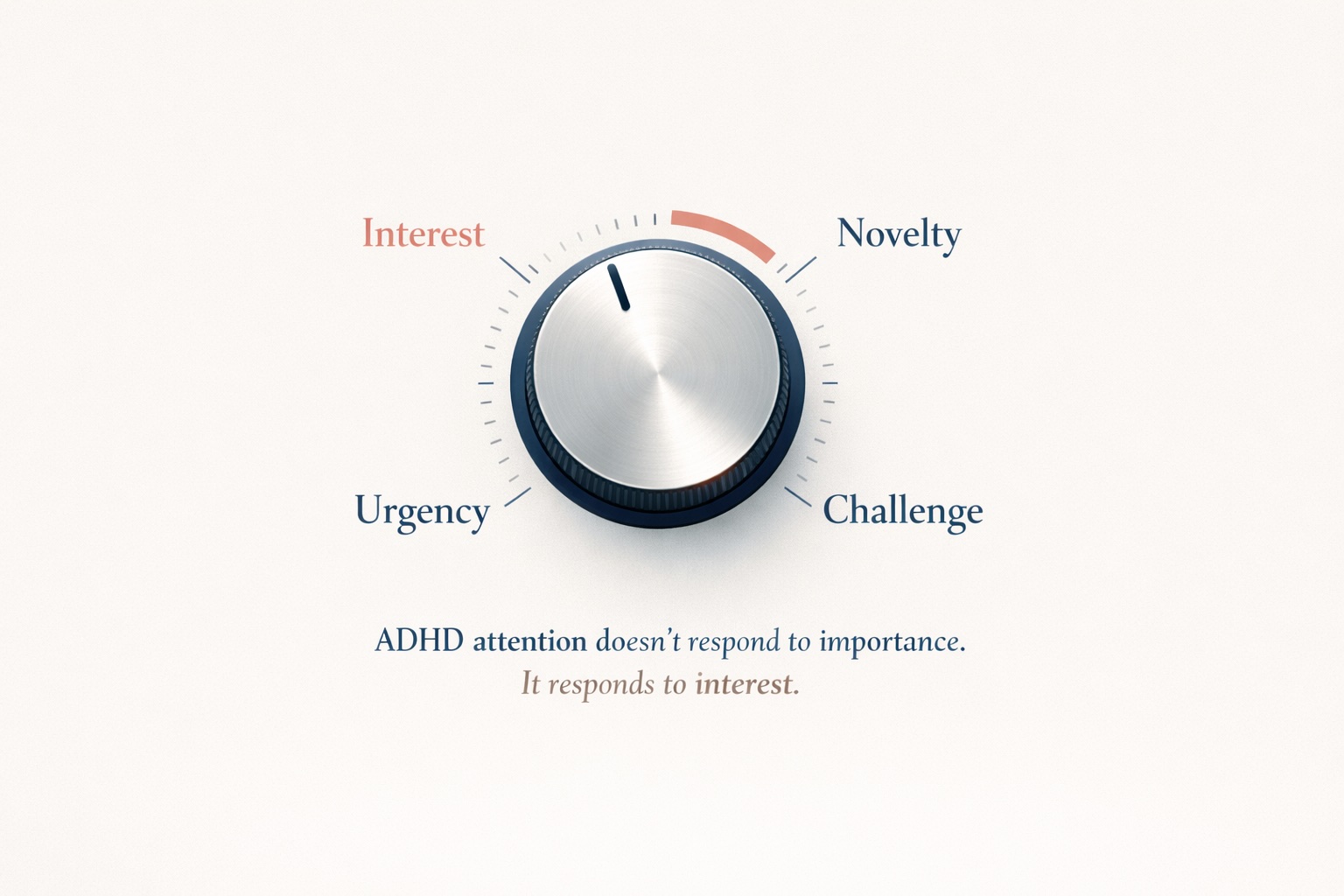 Minimalist illustration of a control dial labelled Interest, Novelty, Challenge, and Urgency, with the dial turned toward Interest, representing how ADHD attention is driven by interest rather than importance.