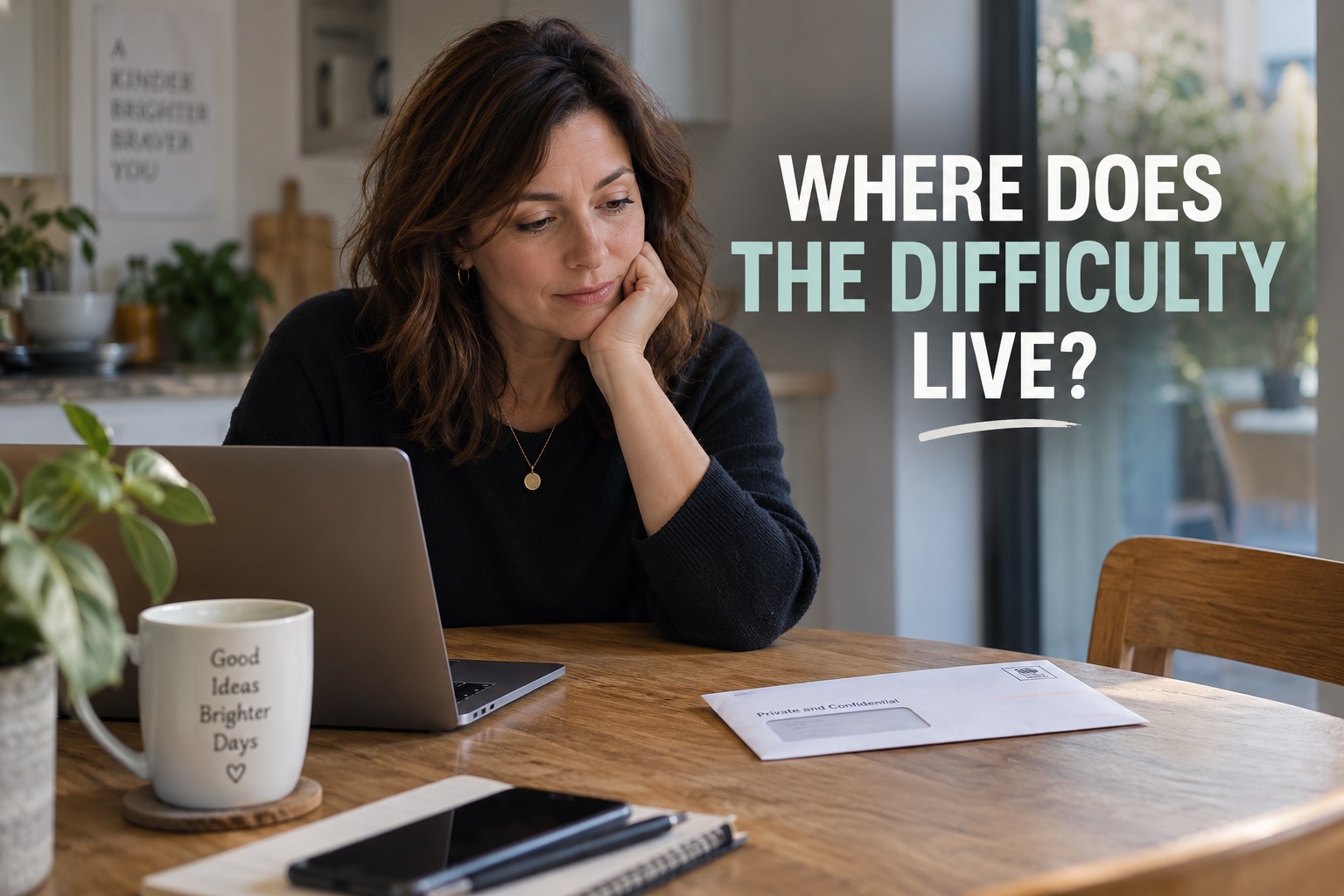 ADHD is not a disorder – woman looking at an unopened letter, reflecting the complex interaction between ADHD, disability and everyday demands.