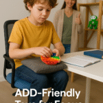 Child with ADHD using focus toys at a homework desk, including fidget toy, wobble cushion, and weighted lap pad.