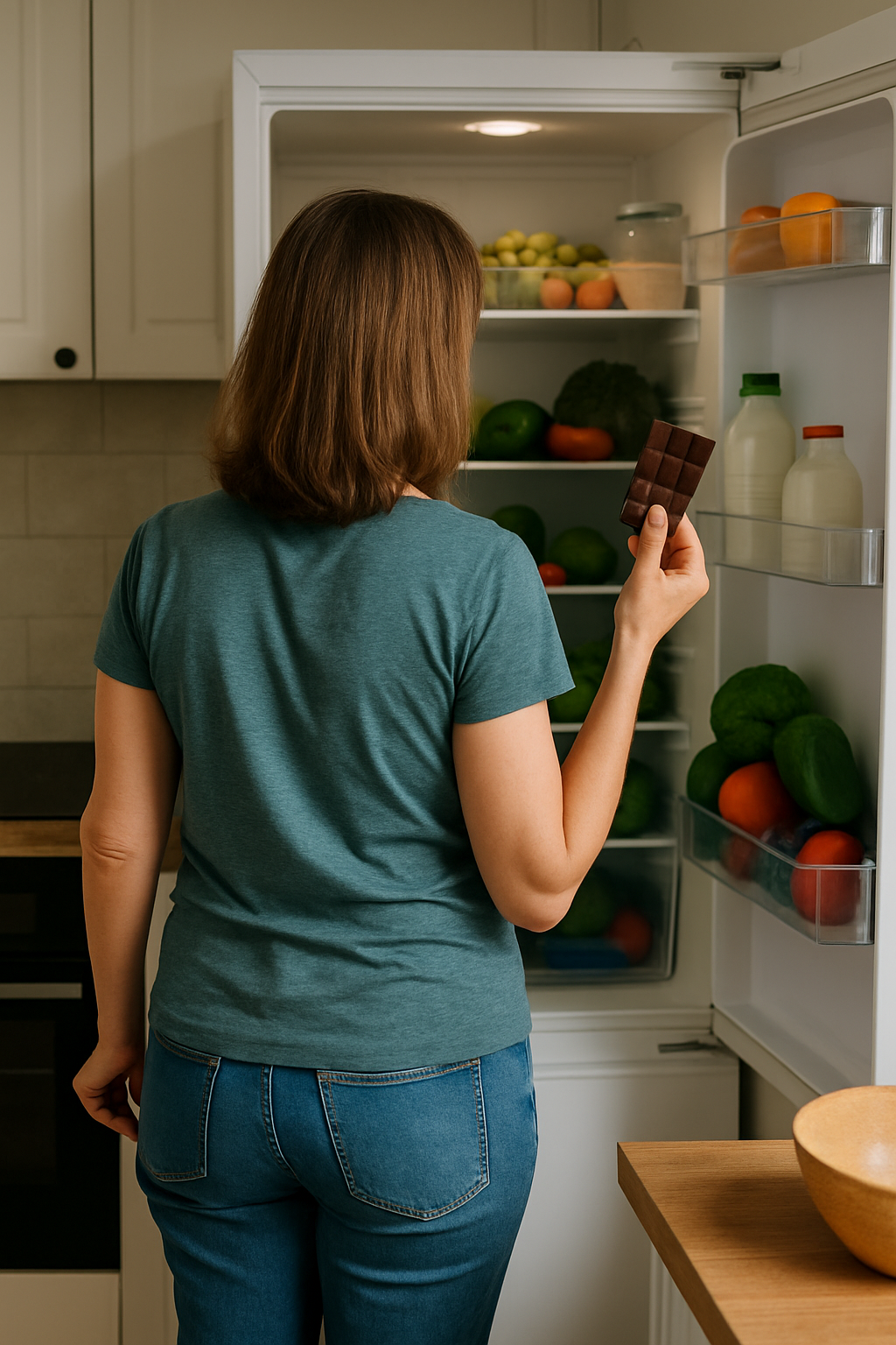 Woman with ADHD standing in front of an open fridge, looking overwhelmed by food choices, representing executive dysfunction and decision fatigue
