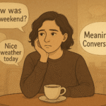 A neurodivergent adult sits at a cafe table, looking thoughtful and slightly exhausted, surrounded by overlapping speech bubbles representing small talk. A single clear speech bubble symbolizes the craving for meaningful connection.