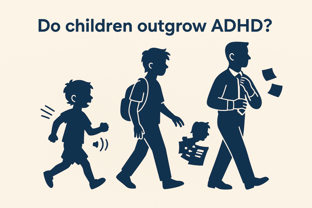 Do children outgrow ADHD? Visual showing ADHD symptoms evolving from childhood to adulthood.
