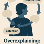 Abstract illustration of a person surrounded by looping arrows made from speech bubbles, symbolising neurodivergent overexplaining. Arrows point toward 'Connection' and 'Protection,' with the caption: 'Overexplaining: A survival strategy