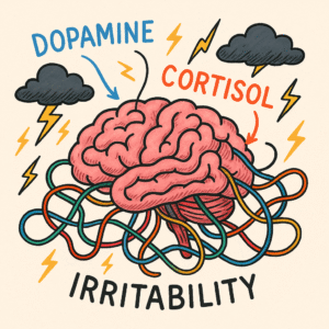 Illustration of brain with tangled wires and storm clouds, representing irritability and stress overload in ADHD.