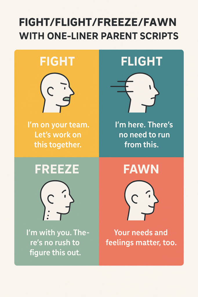 Infographic showing the four stress responses — fight, flight, freeze, and fawn — each with a simple parent script to support ADHD and neurodivergent teens during overwhelm