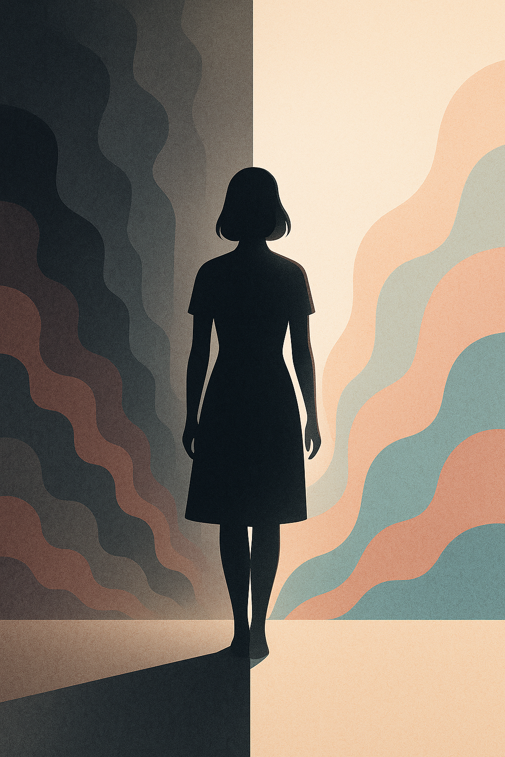 A silhouette of a woman standing between two contrasting landscapes