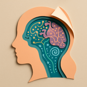 Abstract paper-cut illustration of a woman’s head in pastel peach and teal, with the top layer peeled back to reveal a vibrant neurodivergent brain blueprint, symbolising ADHD and autistic wiring on a soft sand background.