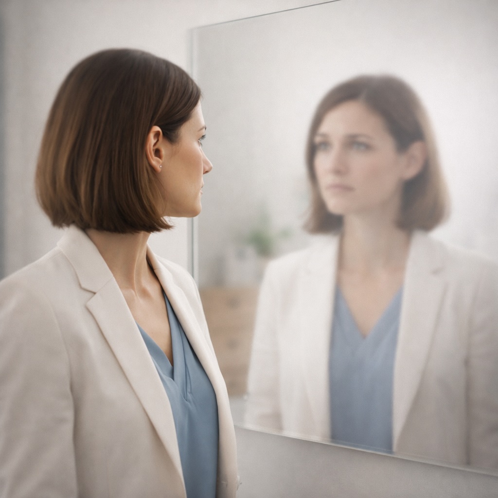 Woman looking into a mirror with a slightly blurred and uncertain reflection, representing self-doubt and gaslighting in high-functioning neurodivergent adults.