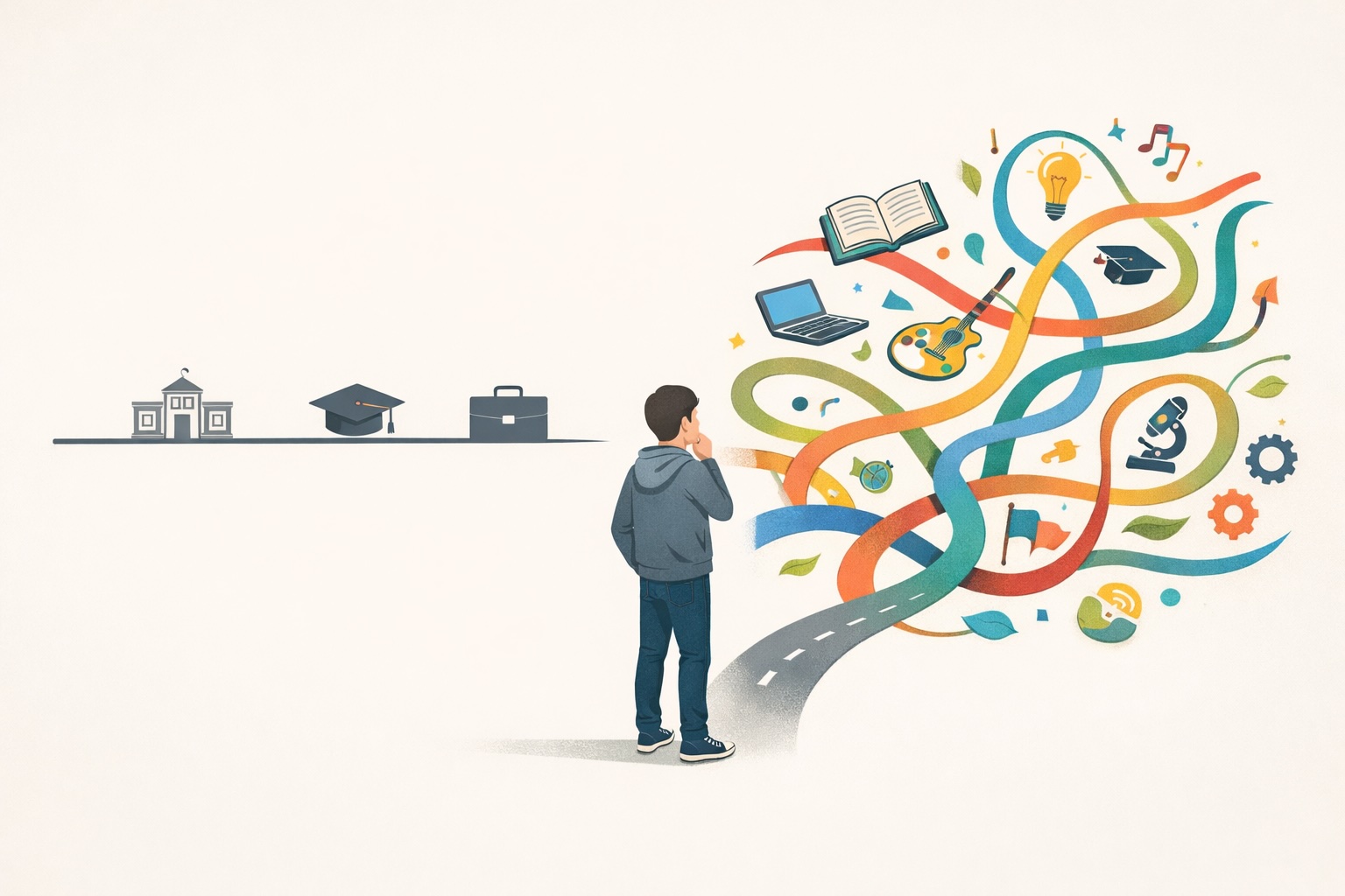 Conceptual illustration of ADHD teen success showing a teenager choosing between a narrow straight education pathway with school and career icons, and multiple colourful winding paths representing creative, vocational, and nonlinear learning routes.