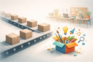 Abstract illustration of ADHD teen learning showing a factory-style education conveyor belt with identical boxes, while one different box falls away and opens into creative tools and ideas, symbolising alternative pathways beyond traditional education