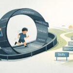 Conceptual illustration of an ADHD child running in a discipline loop labelled rewards and punishment, while a parent looks overwhelmed and a path toward regulation and skills appears outside the cycle.