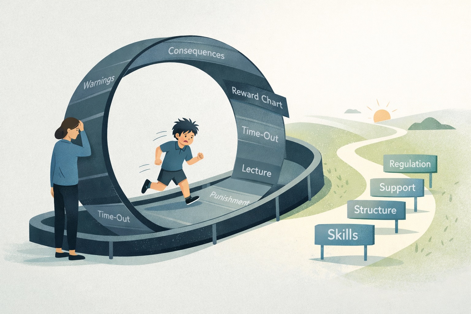 A conceptual illustration showing a parent standing at the edge of a looping track or treadmill labelled Conceptual illustration of an ADHD child running in a discipline loop labelled rewards and punishment, while a parent looks overwhelmed and a path toward regulation and skills appears outside the cycle.