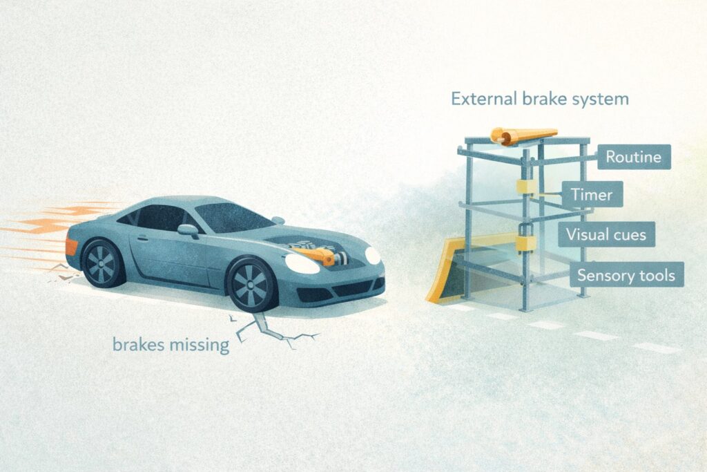 Minimalist illustration of an ADHD brain metaphor showing a fast car with broken brakes and an external brake system labelled routine, timer, visual cues and sensory tools.