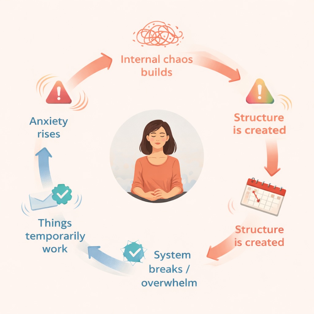 Circular diagram showing the AuDHD compensation loop: internal chaos, rising anxiety, creating structure, temporary stability, overwhelm, and reset, with a calm figure in the centre.