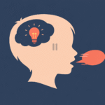 Minimalist illustration representing ADHD impulsivity in children, showing a child’s head with a bright idea appearing while a speech bubble leaves the mouth before a pause symbol can activate.