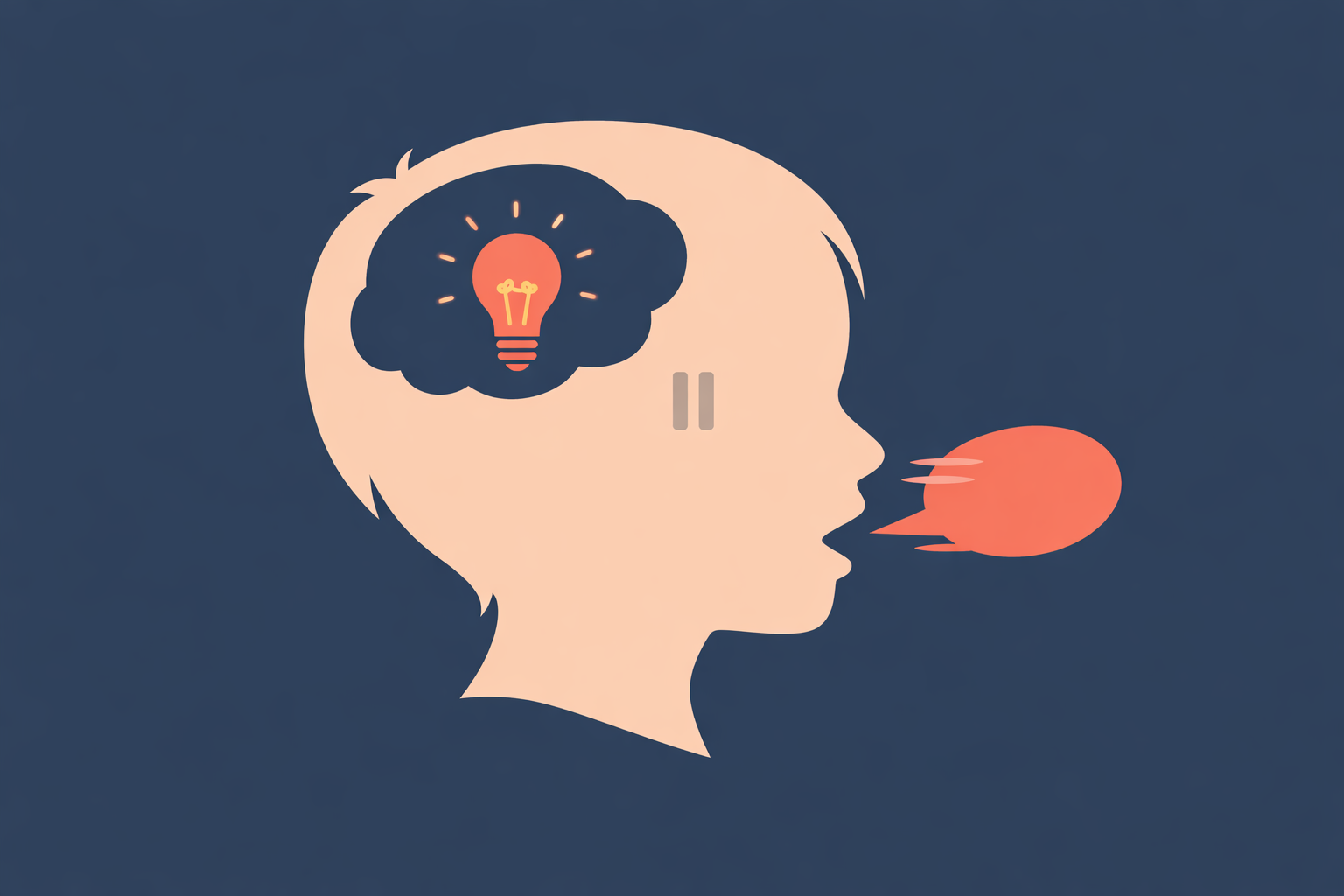 Minimalist illustration representing ADHD impulsivity in children, showing a child’s head with a bright idea appearing while a speech bubble leaves the mouth before a pause symbol can activate.