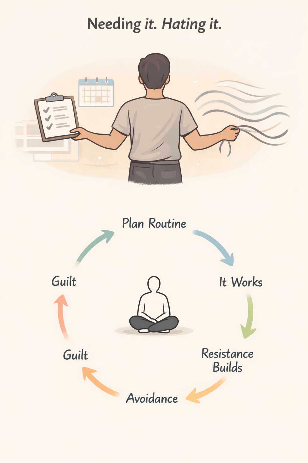 Illustration of the AuDHD routine conflict showing a person torn between structure and flexibility, alongside a cycle of planning, resistance, avoidance and restarting routines.