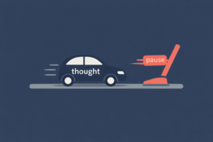 Minimalist illustration of ADHD impulsivity showing a navy car labeled “thought” speeding forward while a coral brake pedal labeled “pause” activates too late on a grey road.