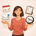 Illustration of a woman calmly balancing floating icons of a calendar, email, checklist, and clock, while some begin to slip, representing the hidden effort and overwhelm behind appearing organised in AuDHD women.