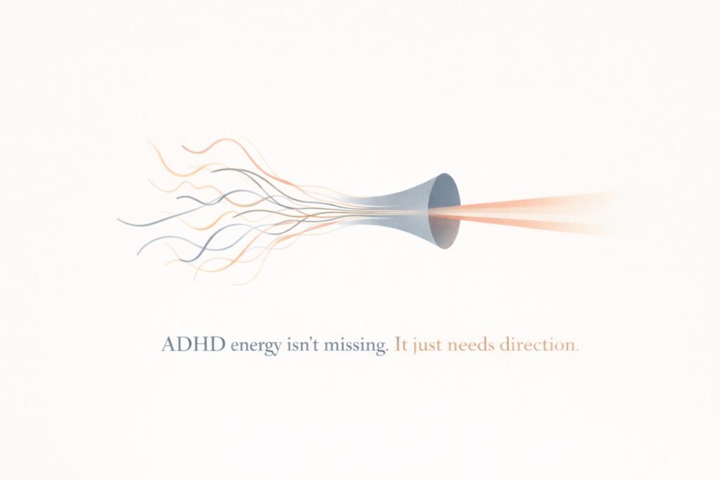 Minimalist illustration of scattered energy lines flowing into a funnel and forming a focused beam, symbolising directing ADHD energy and working with ADHD energy more effectively.