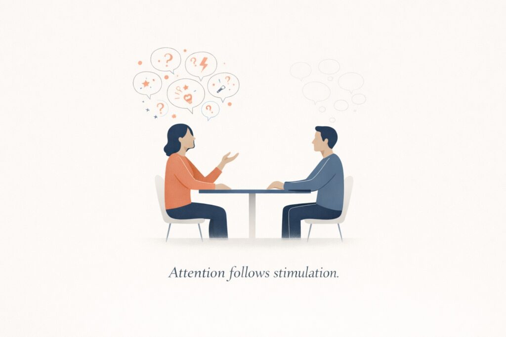 Minimalist conceptual illustration showing two adults having a conversation while sitting across from each other at a small table.