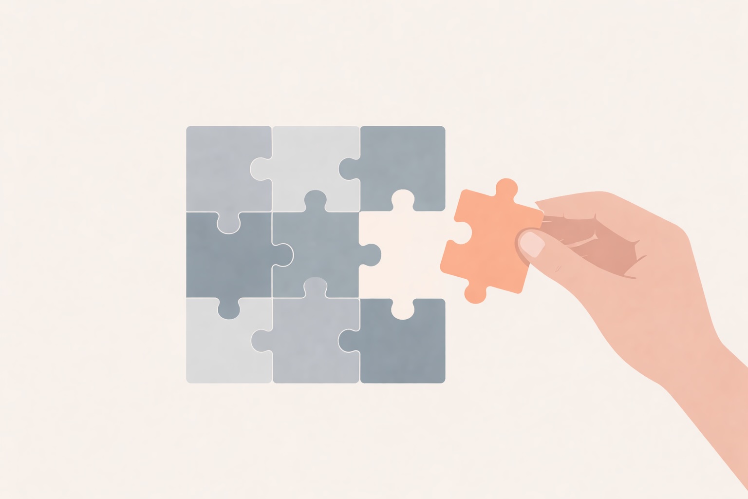 Minimalist puzzle illustration showing a piece that almost fits but doesn’t quite, representing the AuDHD diagnostic gap and difficulty fitting ADHD or autism diagnosis.