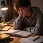Teen with ADHD struggling to study at desk in dim bedroom, feeling overwhelmed and unable to start homework