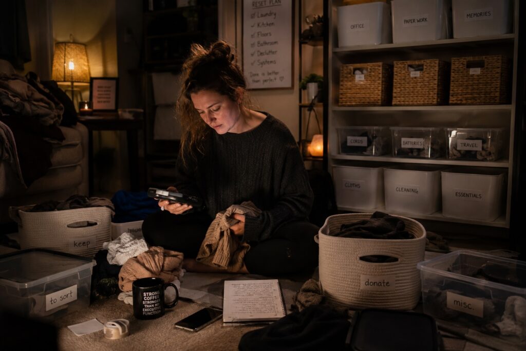 Woman with ADHD sitting on the floor during a late-night hyperfocus cleaning session, surrounded by labelled storage boxes, folded clothes, and clutter, illustrating the emotional cycle of ADHD and cleaning overwhelm.