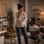 Woman standing between an organised and cluttered living room illustrating ADHD and cleaning overwhelm, perfectionism, and the cycle of chaos and overcorrection.