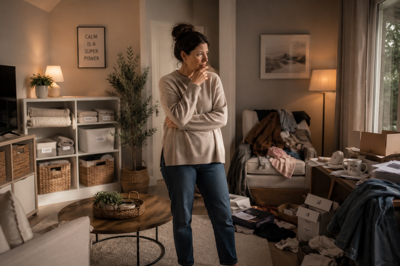 Woman standing between an organised and cluttered living room illustrating ADHD and cleaning overwhelm, perfectionism, and the cycle of chaos and overcorrection.