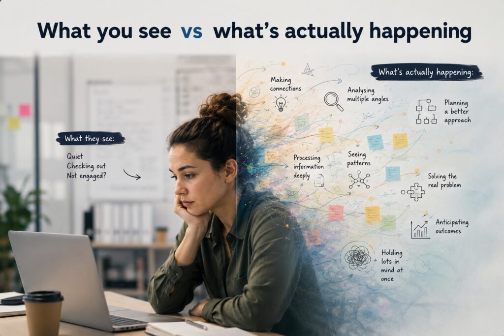 Conceptual image showing visible workplace behaviour contrasted with complex internal cognitive processing, representing hidden aspects of neurodivergent thinking