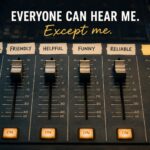 Audio mixing desk with sliders labelled Professional, Friendly, Helpful, Funny, Reliable and Me, illustrating the hidden cost of AuDHD masking and loss of authentic identity.