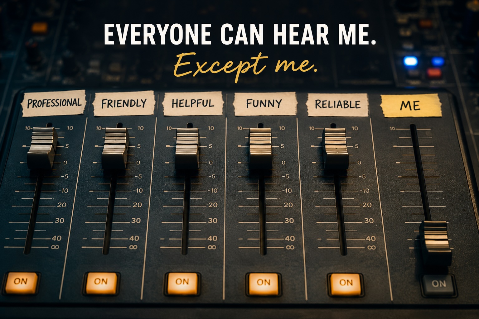 Audio mixing desk with sliders labelled Professional, Friendly, Helpful, Funny, Reliable and Me, illustrating the hidden cost of AuDHD masking and loss of authentic identity.