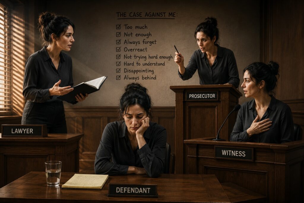 Woman appearing as defendant, lawyer, witness, and prosecutor in an empty courtroom, representing rehearsing conversations and self-criticism.