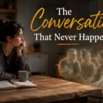 Woman sitting at a table looking thoughtfully at imagined people in an empty chair, representing rehearsing conversations in her head.