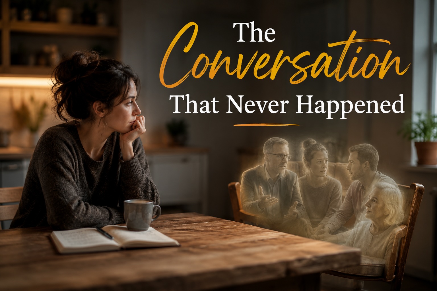 Woman sitting at a table looking thoughtfully at imagined people in an empty chair, representing rehearsing conversations in her head.