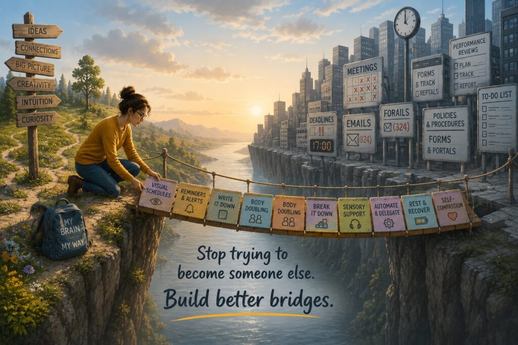 Illustration of a neurodivergent adult building a bridge made of personalised support strategies between creative thinking and structured modern systems.