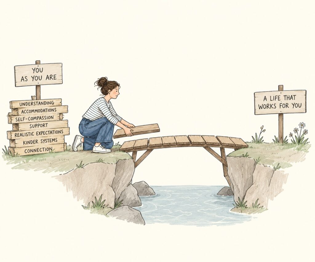 Why life is so exhausting for neurodivergent people – illustration of a woman building a bridge using understanding, accommodations, self-compassion, support and kinder systems