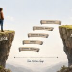 Illustration showing why people with ADHD know what to do but can't do it. A person stands on a cliff labelled "Knowledge" looking across to "Action", with incomplete bridge sections representing activation, emotional safety, working memory, energy, and reward & meaning.
