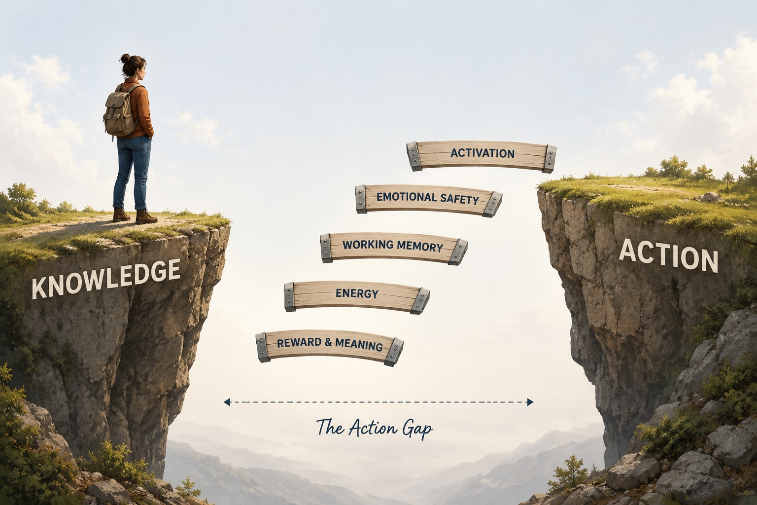 The action gap Illustration showing why people with ADHD know what to do but can't do it. A person stands on a cliff labelled "Knowledge" looking across to "Action", with incomplete bridge sections representing activation, emotional safety, working memory, energy, and reward & meaning.